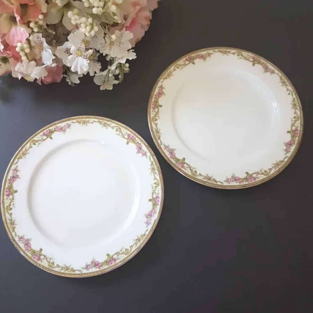 Limoges Salad Plates (Set of 2): Pink Cabbage Roses, Gold Scrolls, 1907